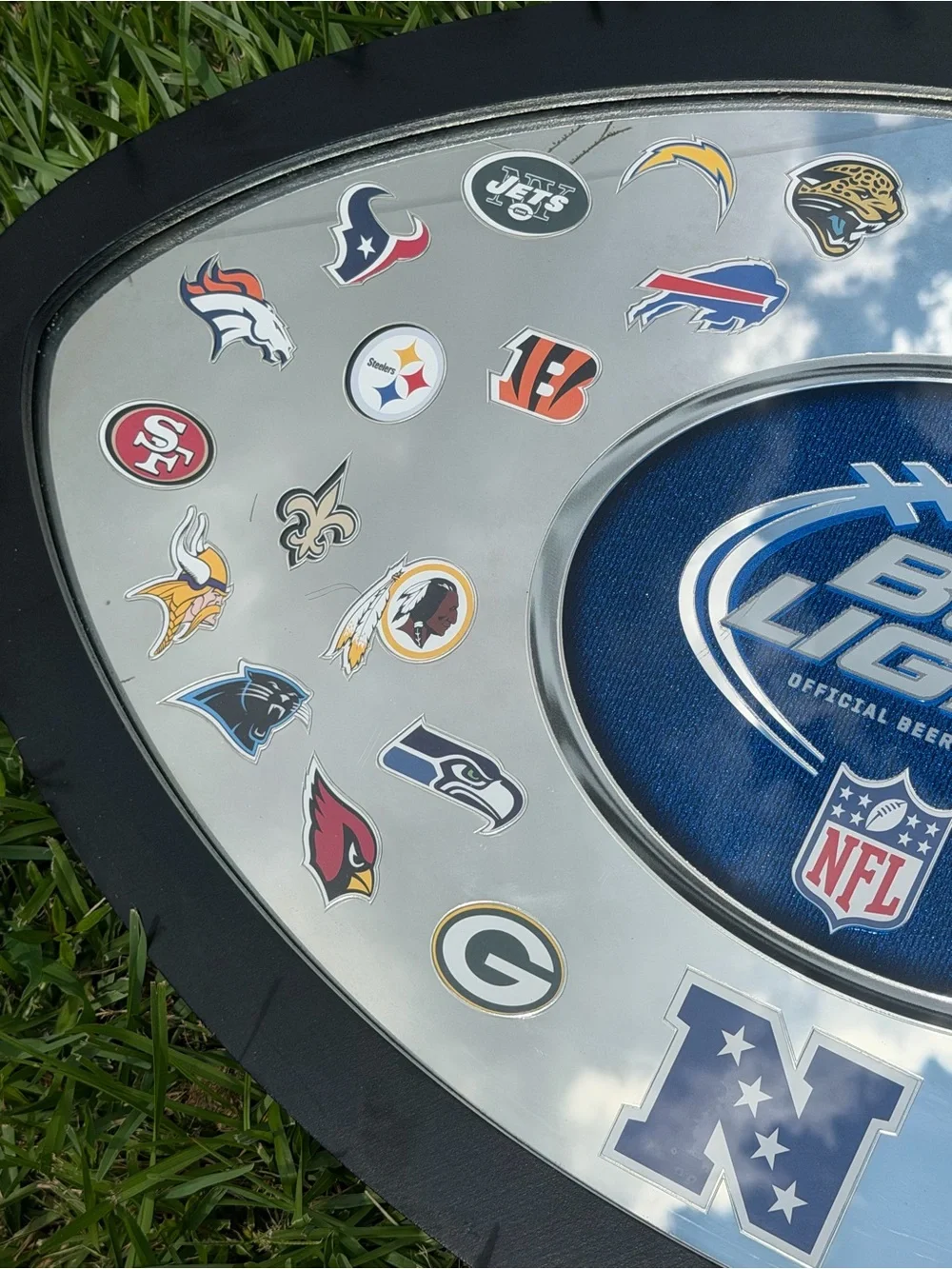 BUD LIGHT NFL OVAL MIRROR SIGN 32 TEAM HELMET LOGOS FRAMED 33x18 2011 Edition
